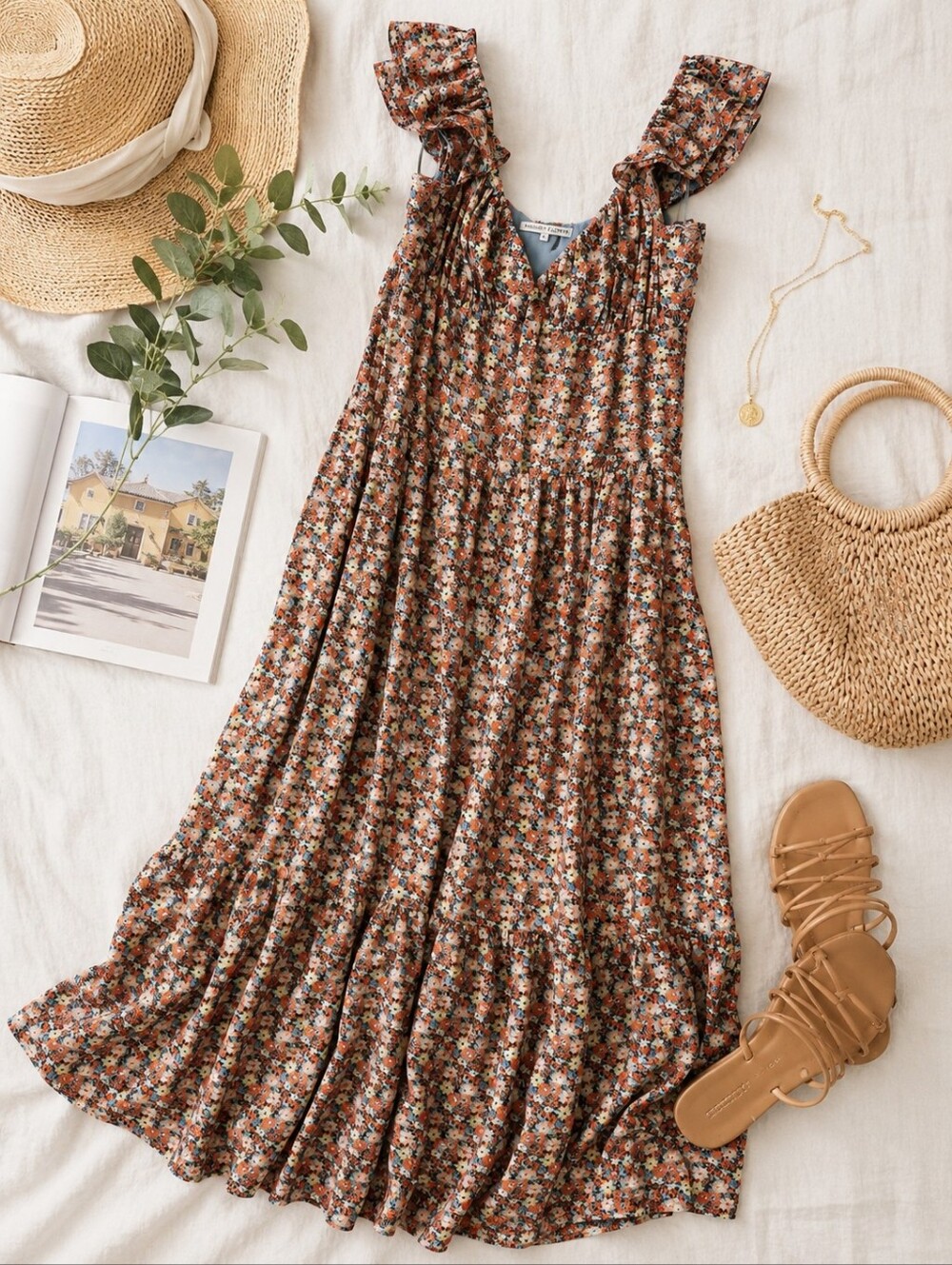 Floral Maxi Dress Ruffle Strap Tiered Boho Cottagecore M